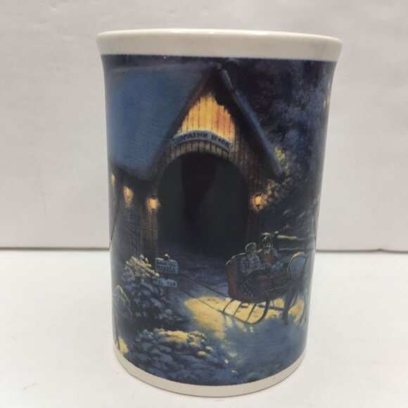 Vtg Thomas Kinkade Winter Evening Memory Covered Bridge Horse Sleigh Coffee Mug - Picture 1 of 10